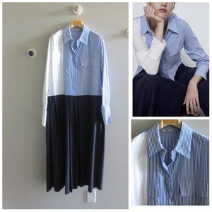 ZARA NAVY BLUE PLEATED PATCHWORK DRESS Sz-M $89.9